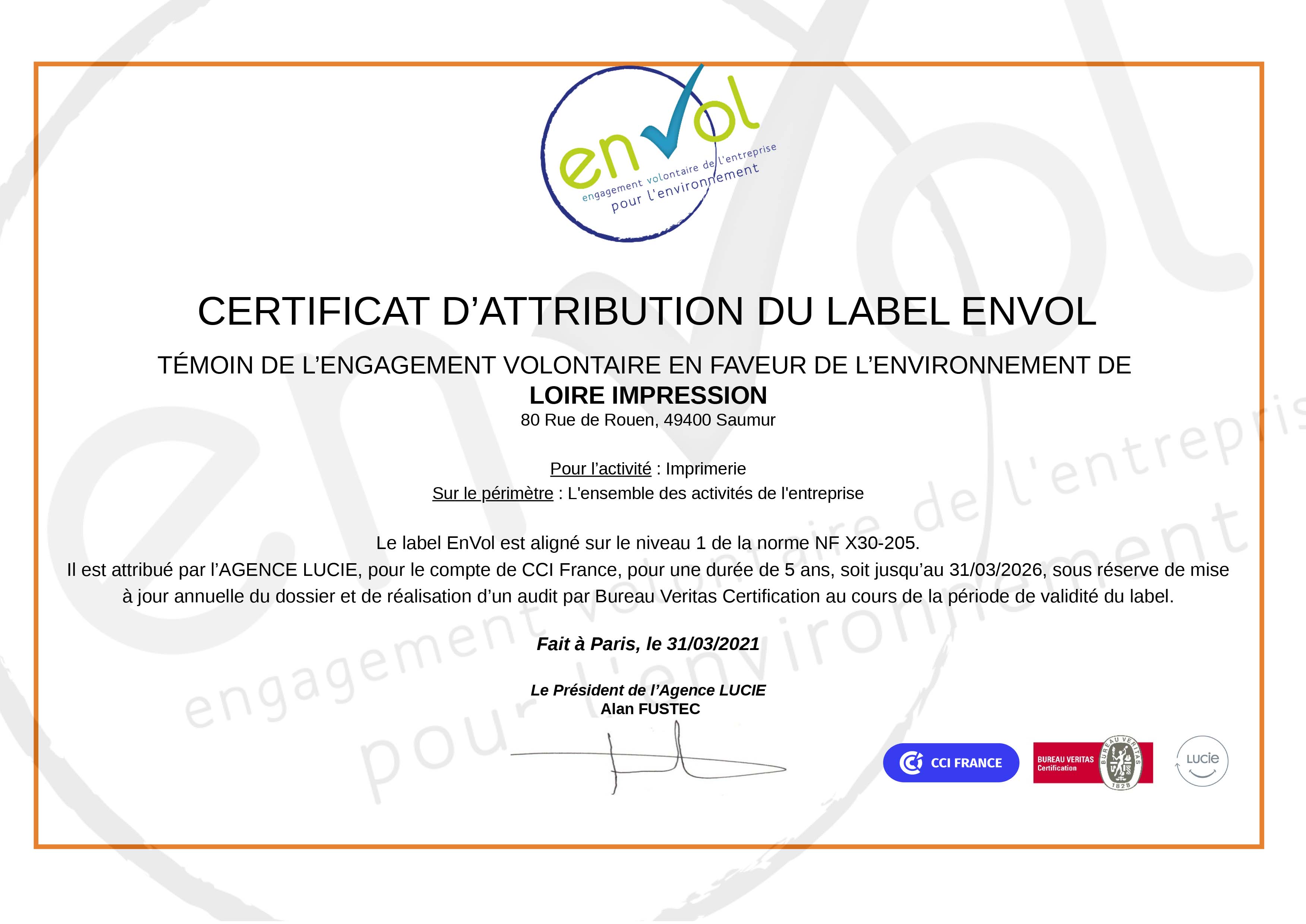Certificat d attribution EnVol LOIRE IMPRESSION
