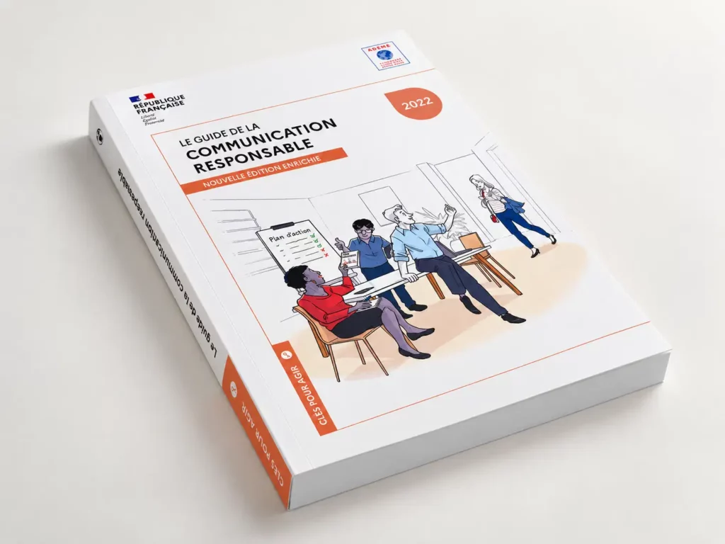 Brochure imprimée à dos carré collé du Guide de la communication responsable 2022 de l’ADEME, avec couverture illustrée, présentée en packshot sur fond blanc.